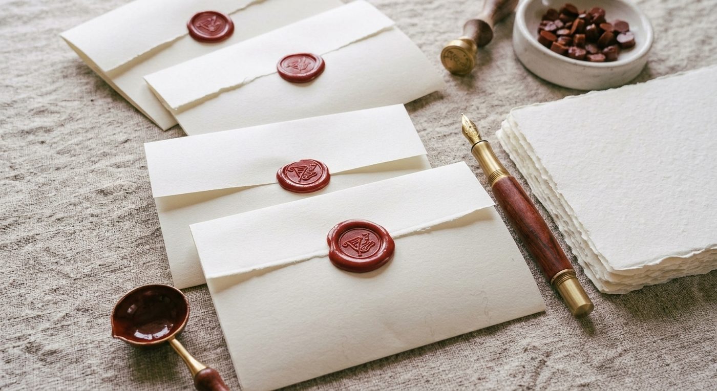 Handmade paper envelopes sealed with wax seals, next to a fountain pen