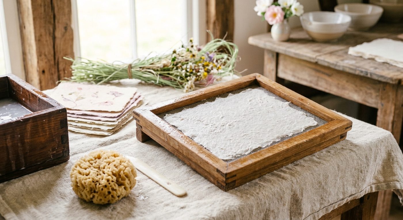 Sheets of handmade paper on a wooden mould, with dried flowers
