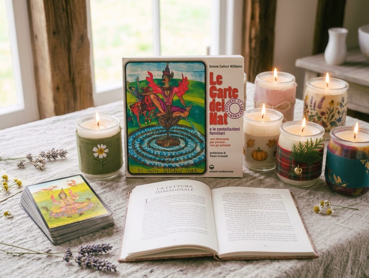 The book and deck of the Nat Cards among candles and dried flowers