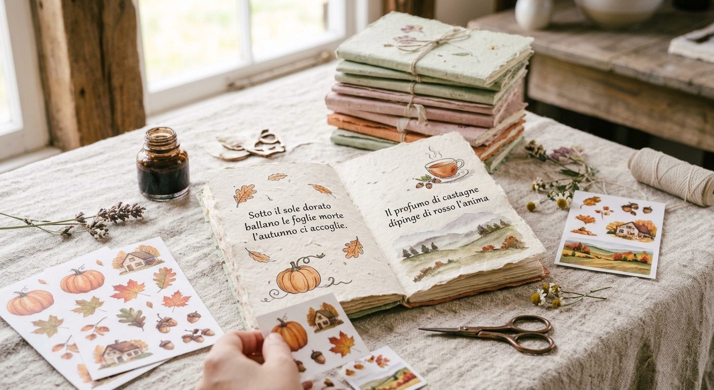 Open creative journal with autumn verses and watercolour stickers