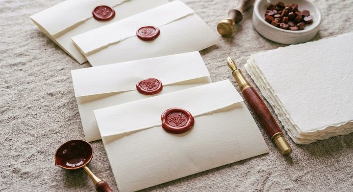Handmade paper envelopes sealed with wax seals, next to a fountain pen
