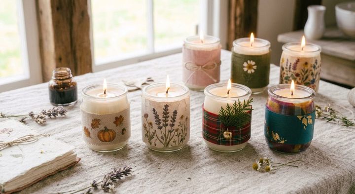 Candles in glass jars decorated with fabric and botanical motifs