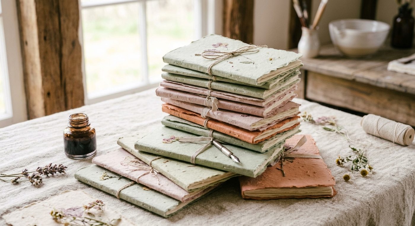 Hand-bound notebooks in coloured paper, tied with twine